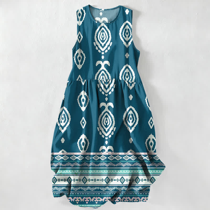 Nimara Ritual Summer Casual Tribal Geometric Border Pattern Women's Summer Sleeveless Midi Dress With Pockets