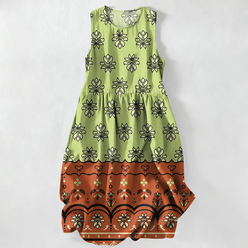 Nimara Ritual Summer Casual Mint Floral Border Pattern Women's Summer Sleeveless Midi Dress With Pockets