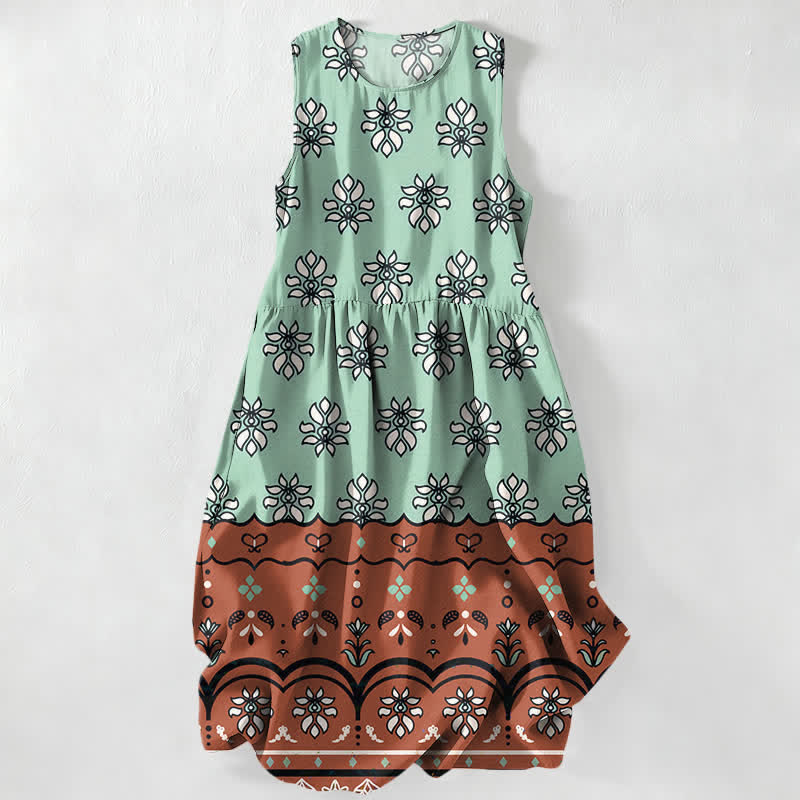 Nimara Ritual Summer Casual Mint Floral Border Pattern Women's Summer Sleeveless Midi Dress With Pockets