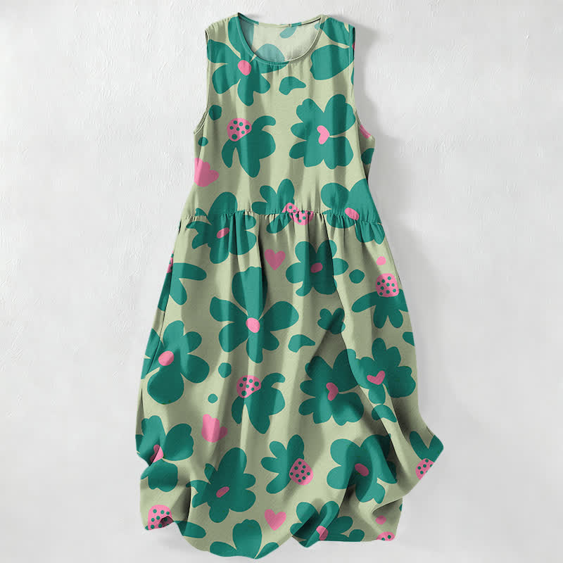 Nimara Ritual Summer Casual Green Floral Hearts Pattern Women's Summer Sleeveless Midi Dress With Pockets