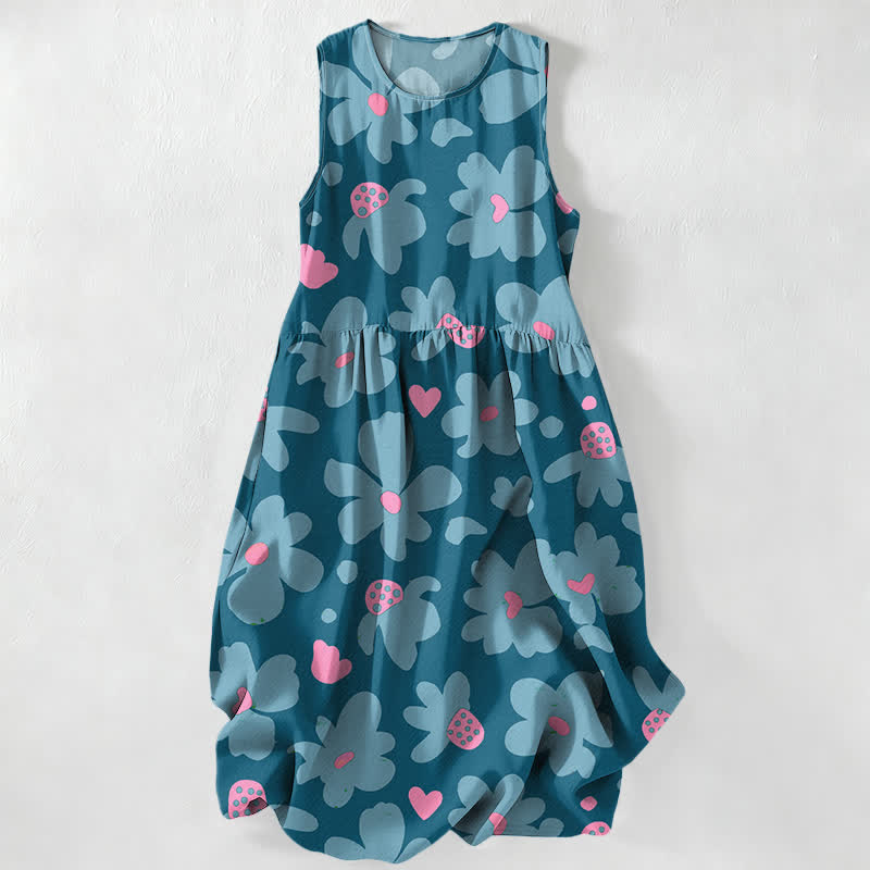 Nimara Ritual Summer Casual Green Floral Hearts Pattern Women's Summer Sleeveless Midi Dress With Pockets