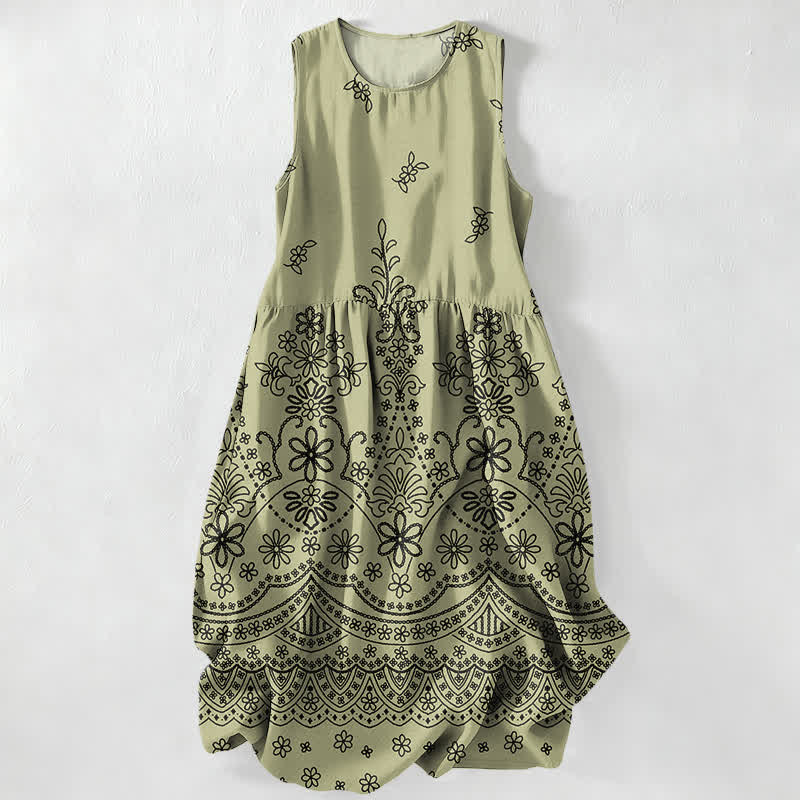 Nimara Ritual Summer Casual Bohemian Floral Border Pattern Women's Summer Sleeveless Midi Dress With Pockets
