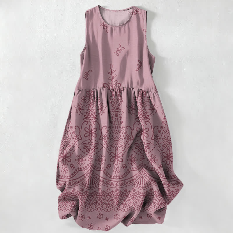 Nimara Ritual Summer Casual Bohemian Floral Border Pattern Women's Summer Sleeveless Midi Dress With Pockets