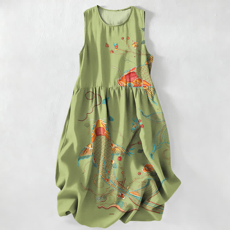 Nimara Ritual Summer Casual Koi Fish Floral Wave Pattern Women's Summer Sleeveless Midi Dress With Pockets