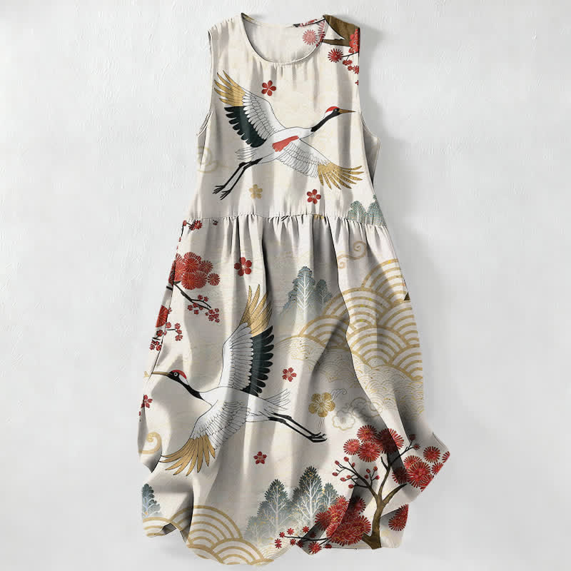 Nimara Ritual Summer Casual Crane Plum Blossom Pattern Women's Summer Sleeveless Midi Dress With Pockets