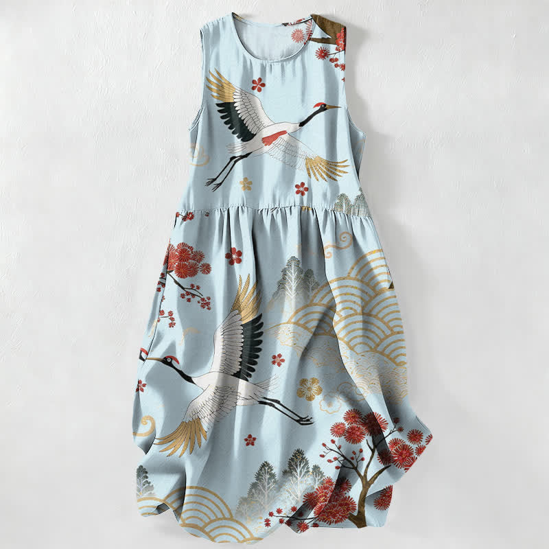 Nimara Ritual Summer Casual Crane Plum Blossom Pattern Women's Summer Sleeveless Midi Dress With Pockets