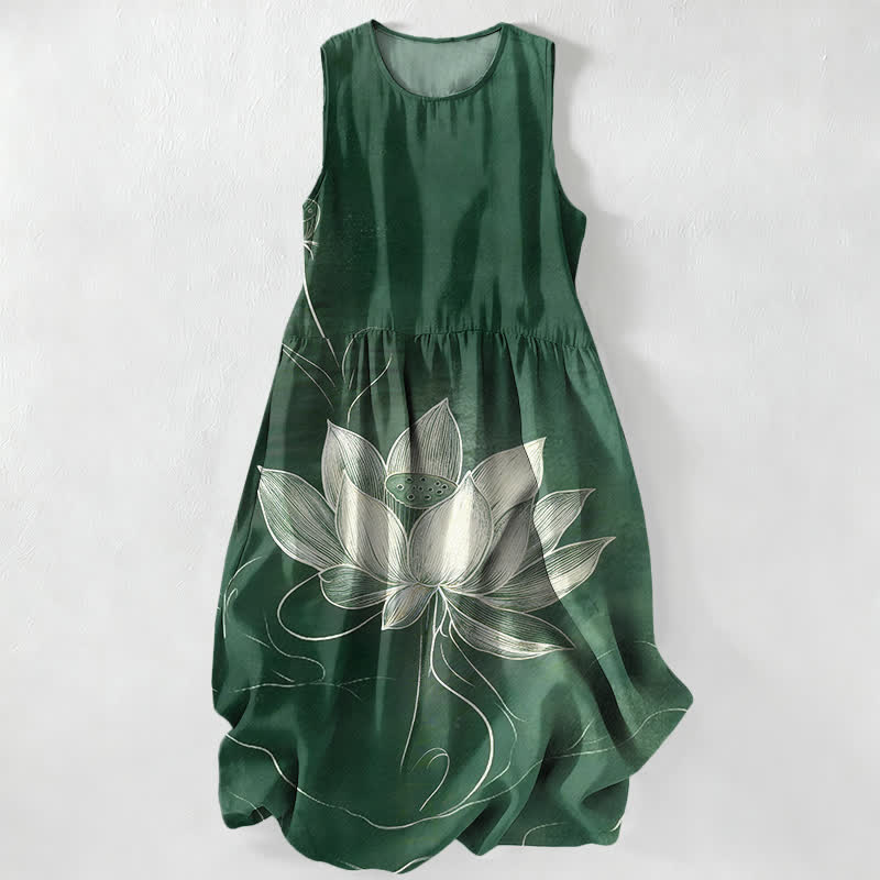Nimara Ritual Summer Casual Lotus Bloom Pattern Women's Summer Sleeveless Midi Dress With Pockets