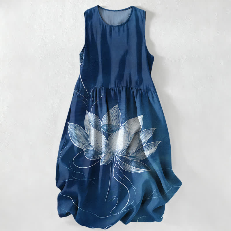 Nimara Ritual Summer Casual Lotus Bloom Pattern Women's Summer Sleeveless Midi Dress With Pockets