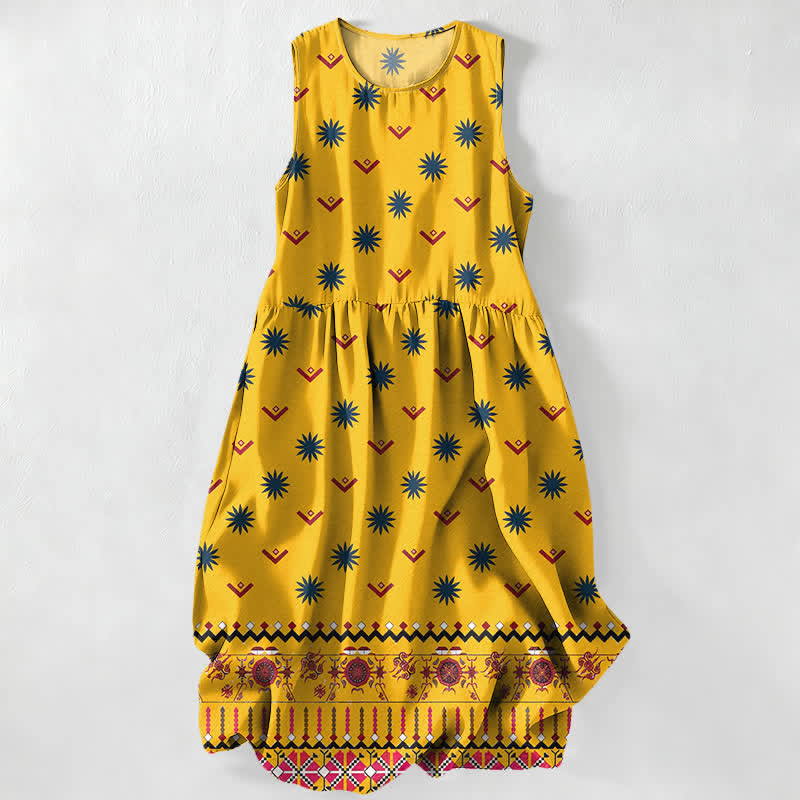 Nimara Ritual Summer Casual Boho Floral Geometric Pattern Women's Summer Sleeveless Midi Dress With Pockets