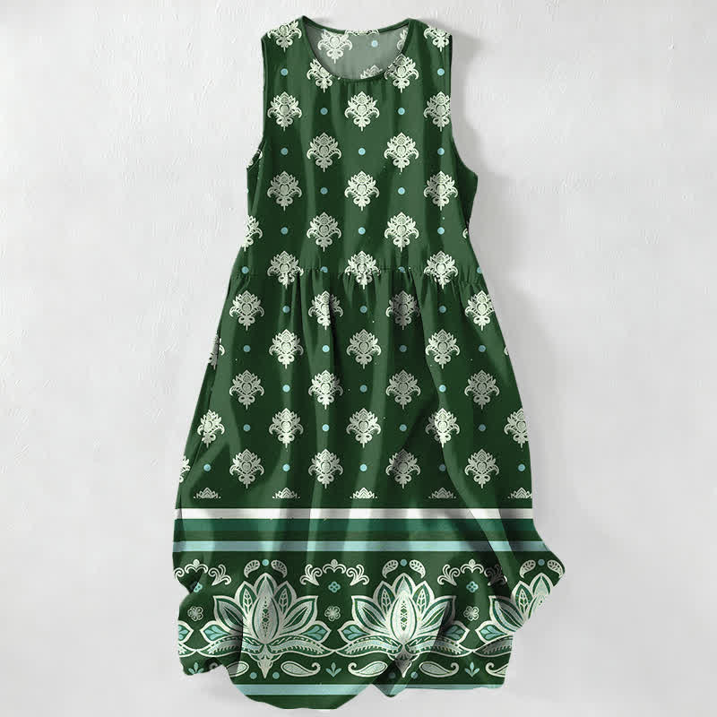 Nimara Ritual Summer Casual Lotus Border Floral Pattern Women's Summer Sleeveless Midi Dress With Pockets