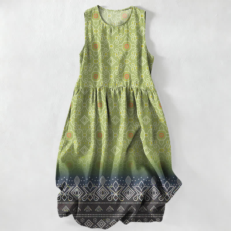 Nimara Ritual Summer Casual Bohemian Geometric Floral Pattern Women's Summer Sleeveless Midi Dress With Pockets