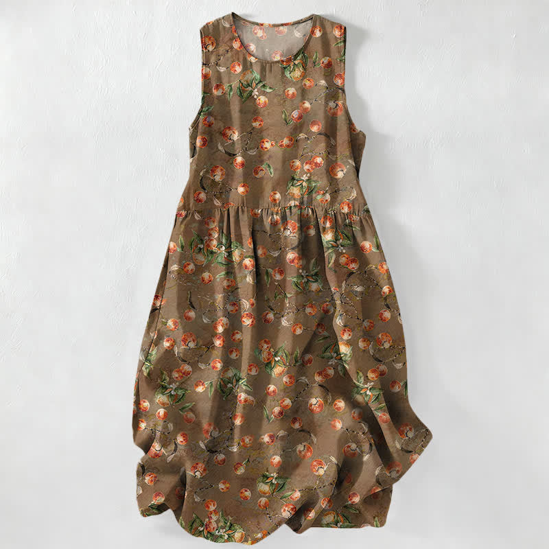 Nimara Ritual Summer Casual Vintage Floral Leaves Pattern Women's Summer Sleeveless Midi Dress With Pockets