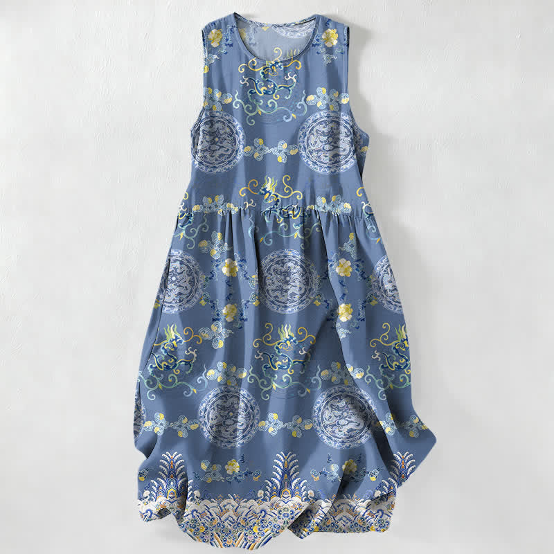 Nimara Ritual Summer Casual Vintage Floral Medallions Leaves Pattern Women's Summer Sleeveless Midi Dress With Pockets
