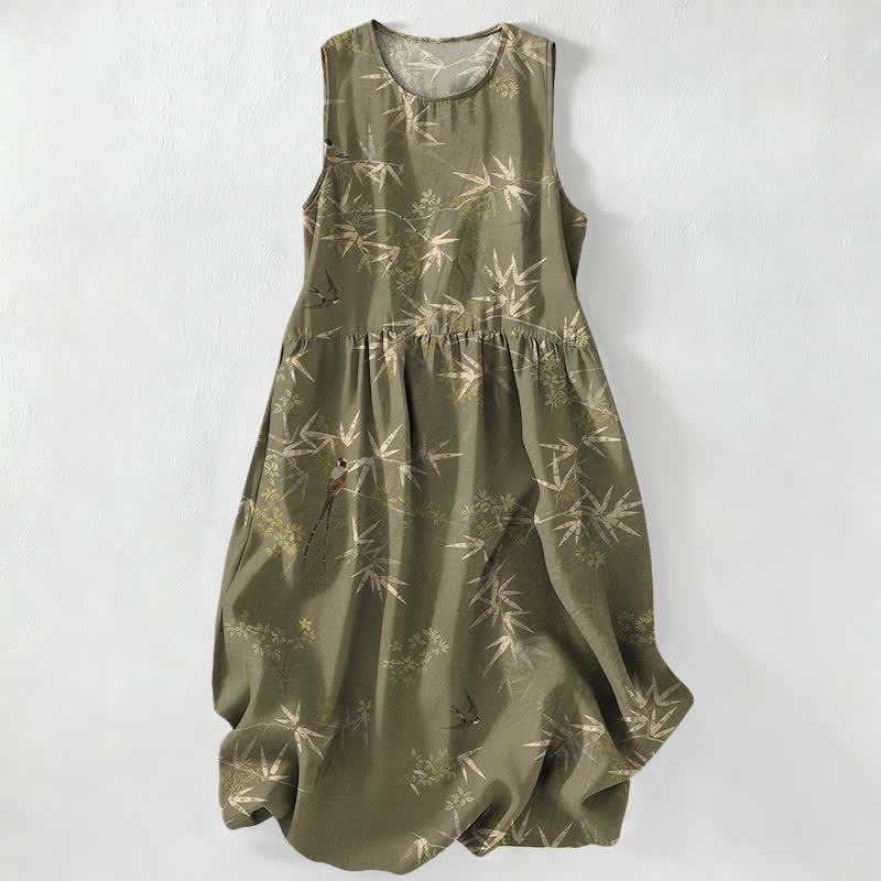Nimara Ritual Summer Casual Bamboo Leaves Pattern Women's Summer Sleeveless Midi Dress With Pockets