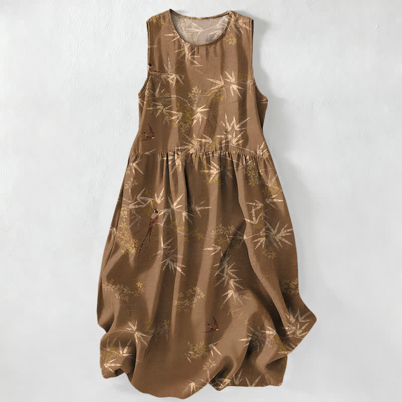 Nimara Ritual Summer Casual Bamboo Leaves Pattern Women's Summer Sleeveless Midi Dress With Pockets
