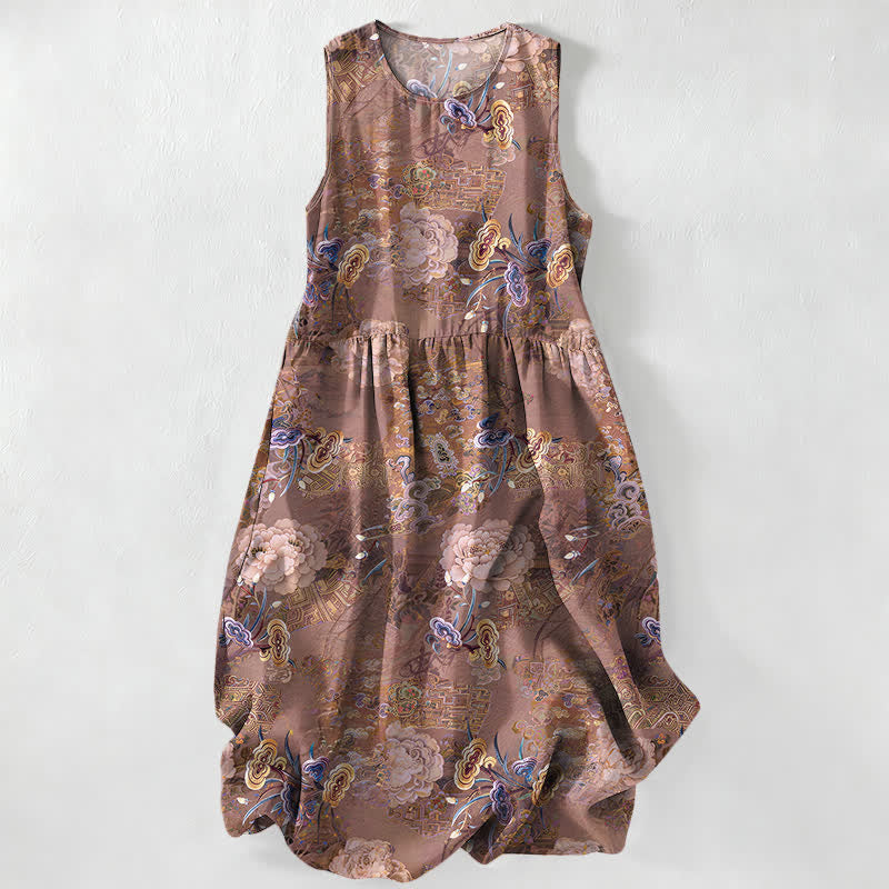 Nimara Ritual Summer Casual Vintage Paisley Floral Pattern Women's Summer Sleeveless Midi Dress With Pockets