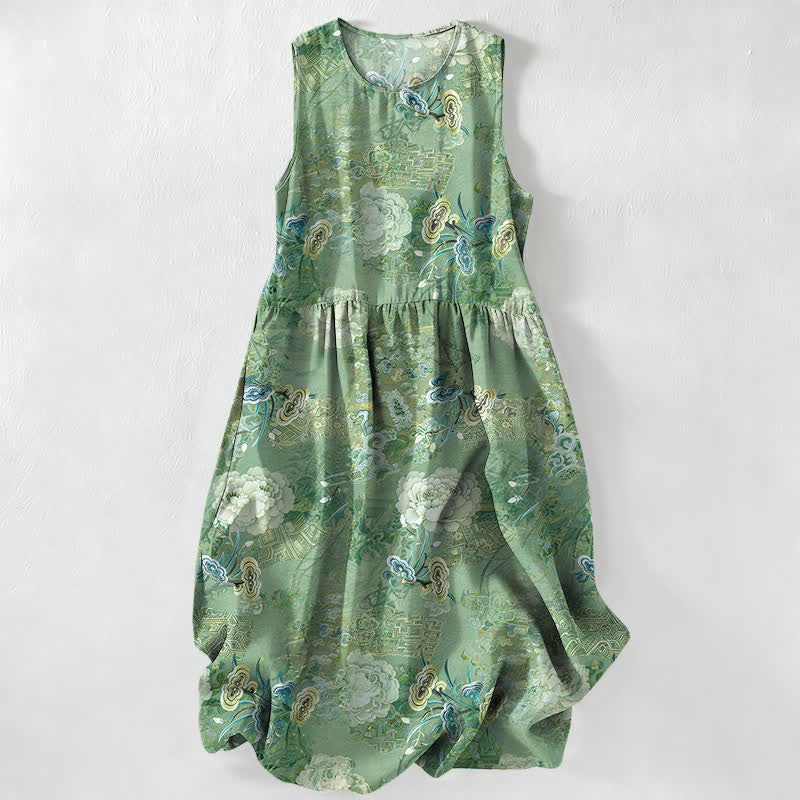 Nimara Ritual Summer Casual Vintage Paisley Floral Pattern Women's Summer Sleeveless Midi Dress With Pockets