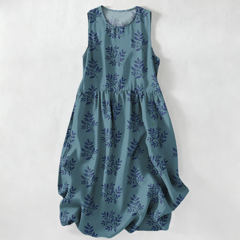 Nimara Ritual Summer Casual Botanical Leaves Pattern Women's Summer Sleeveless Midi Dress With Pockets
