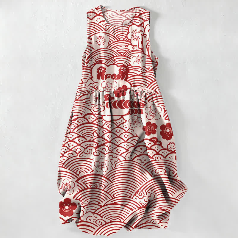 Nimara Ritual Summer Casual Seigaiha Floral Pattern Women's Summer Sleeveless Midi Dress With Pockets