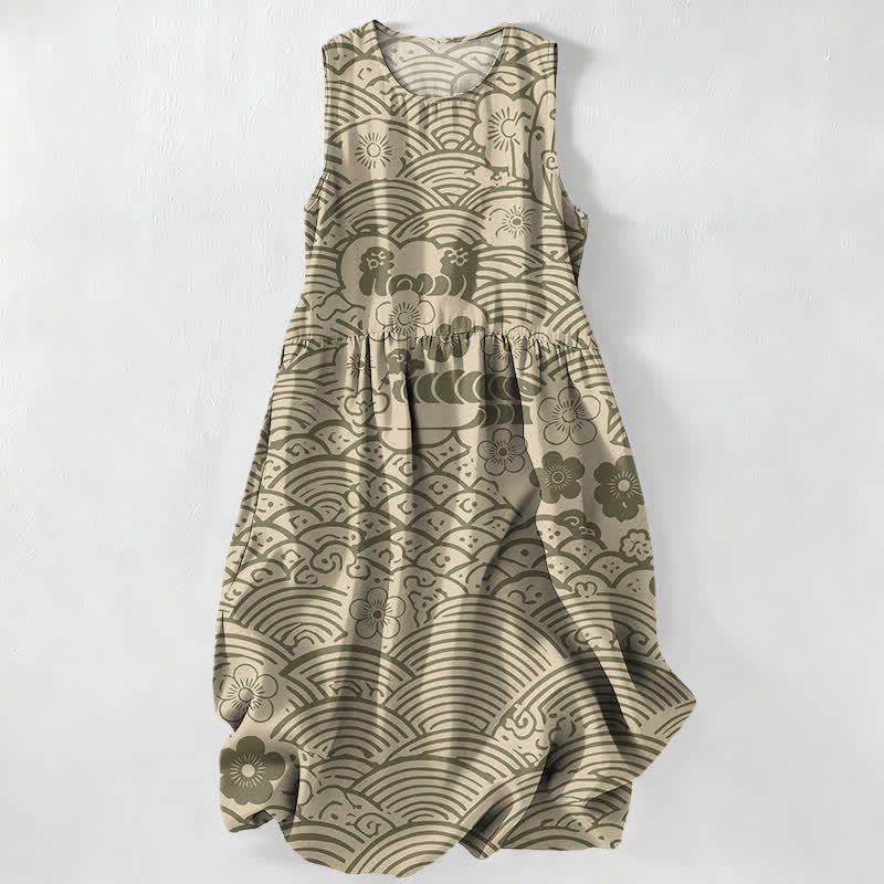 Nimara Ritual Summer Casual Seigaiha Floral Pattern Women's Summer Sleeveless Midi Dress With Pockets