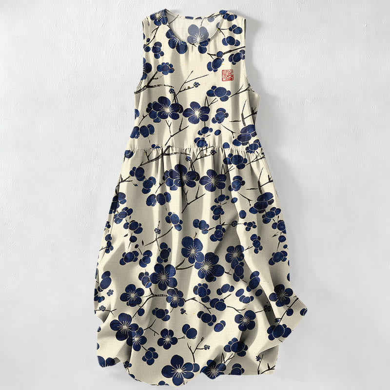 Nimara Ritual Summer Casual Indigo Floral Leaves Pattern Women's Summer Sleeveless Midi Dress With Pockets