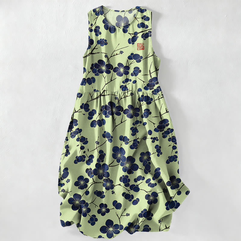 Nimara Ritual Summer Casual Indigo Floral Leaves Pattern Women's Summer Sleeveless Midi Dress With Pockets