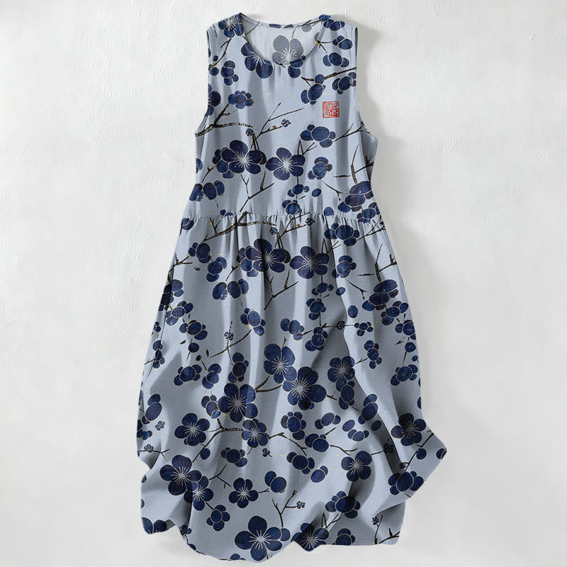 Nimara Ritual Summer Casual Indigo Floral Leaves Pattern Women's Summer Sleeveless Midi Dress With Pockets
