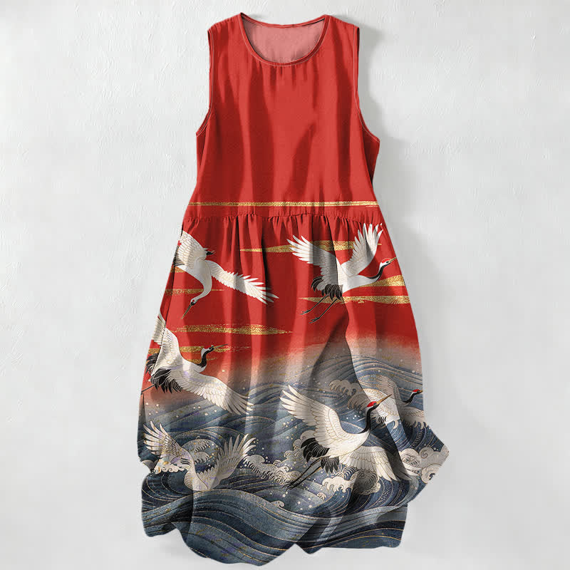 Nimara Ritual Summer Casual Crane Waves Pattern Women's Summer Sleeveless Midi Dress With Pockets