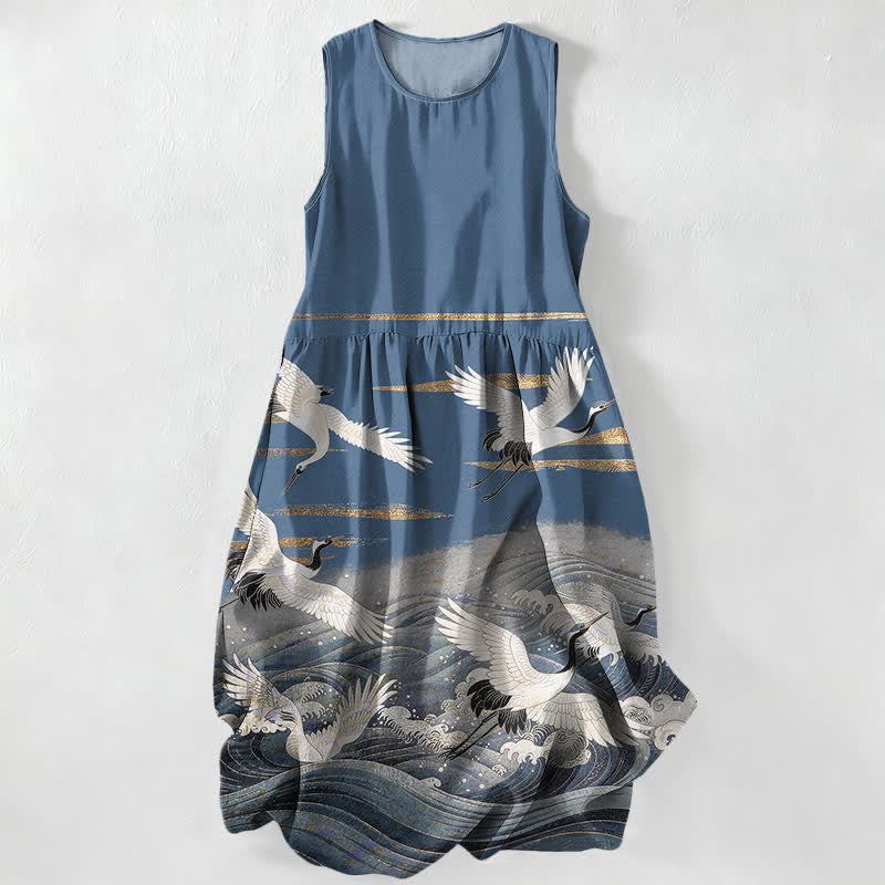 Nimara Ritual Summer Casual Crane Waves Pattern Women's Summer Sleeveless Midi Dress With Pockets