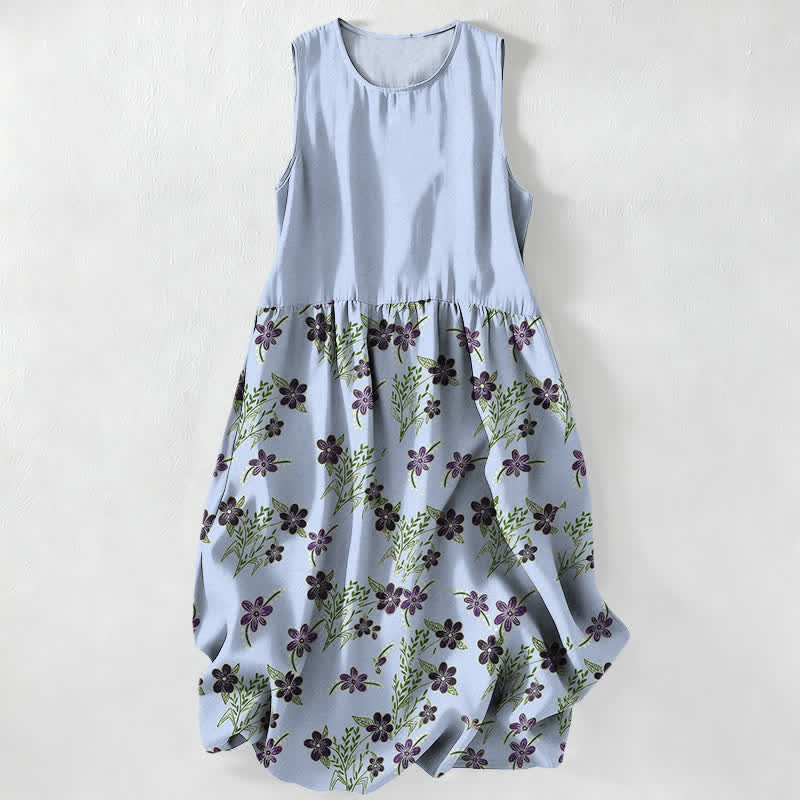 Nimara Ritual Summer Casual Purple Floral Leaves Pattern Women's Summer Sleeveless Midi Dress With Pockets