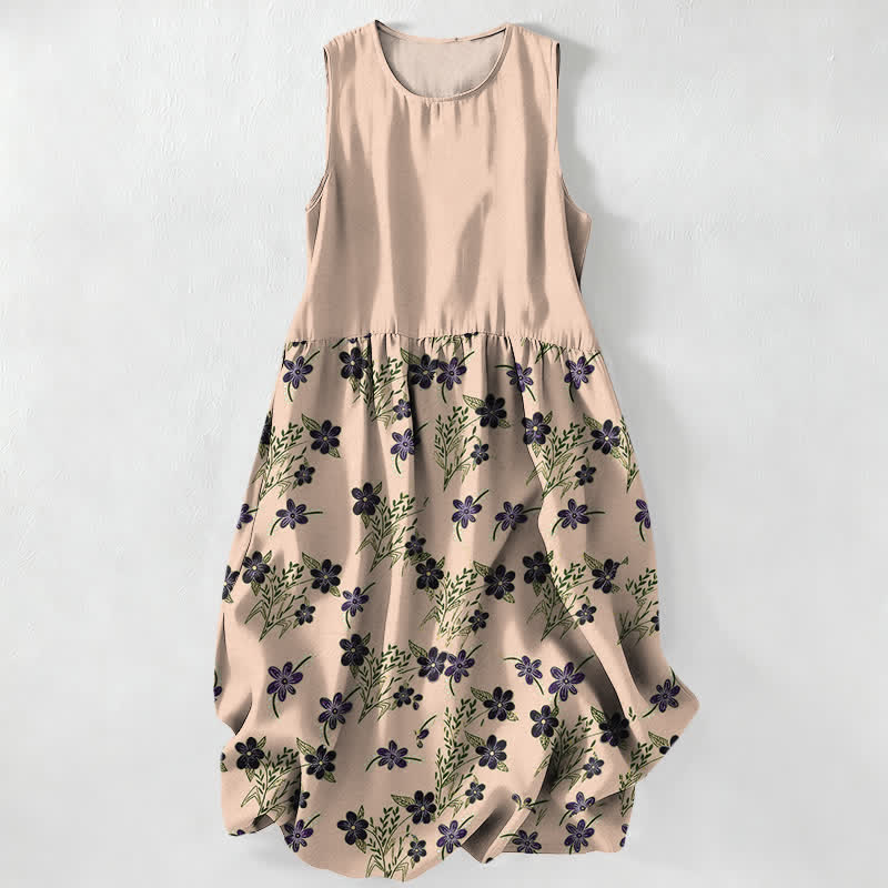 Nimara Ritual Summer Casual Purple Floral Leaves Pattern Women's Summer Sleeveless Midi Dress With Pockets