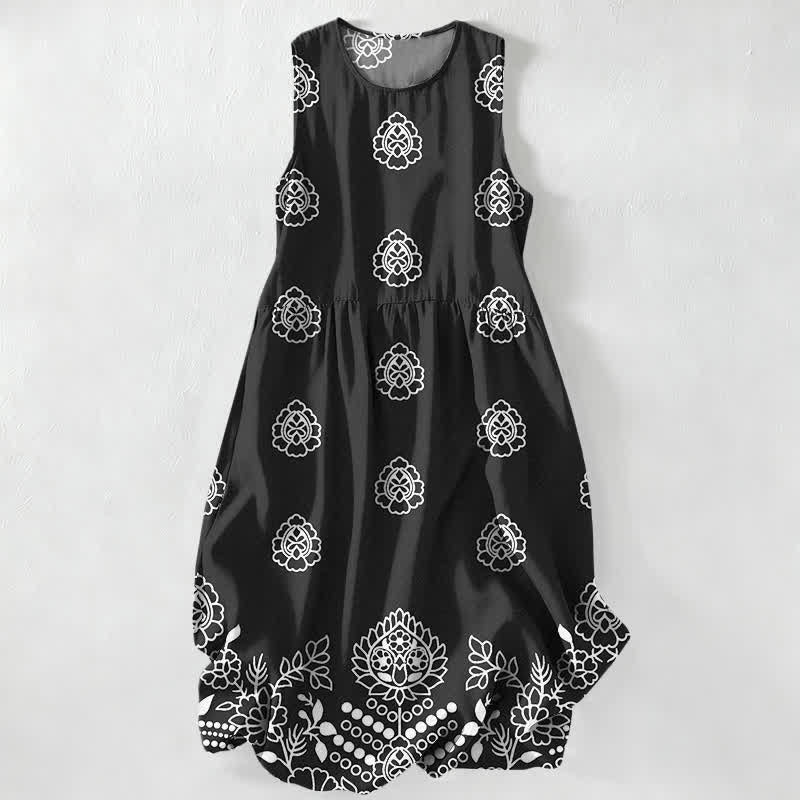 Nimara Ritual Summer Casual Vintage Floral Medallions Leaves Pattern Women's Summer Sleeveless Midi Dress With Pockets