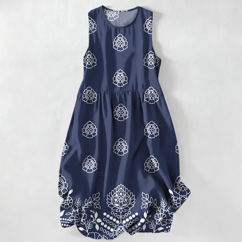 Nimara Ritual Summer Casual Vintage Floral Medallions Leaves Pattern Women's Summer Sleeveless Midi Dress With Pockets
