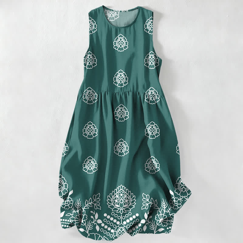 Nimara Ritual Summer Casual Vintage Floral Medallions Leaves Pattern Women's Summer Sleeveless Midi Dress With Pockets