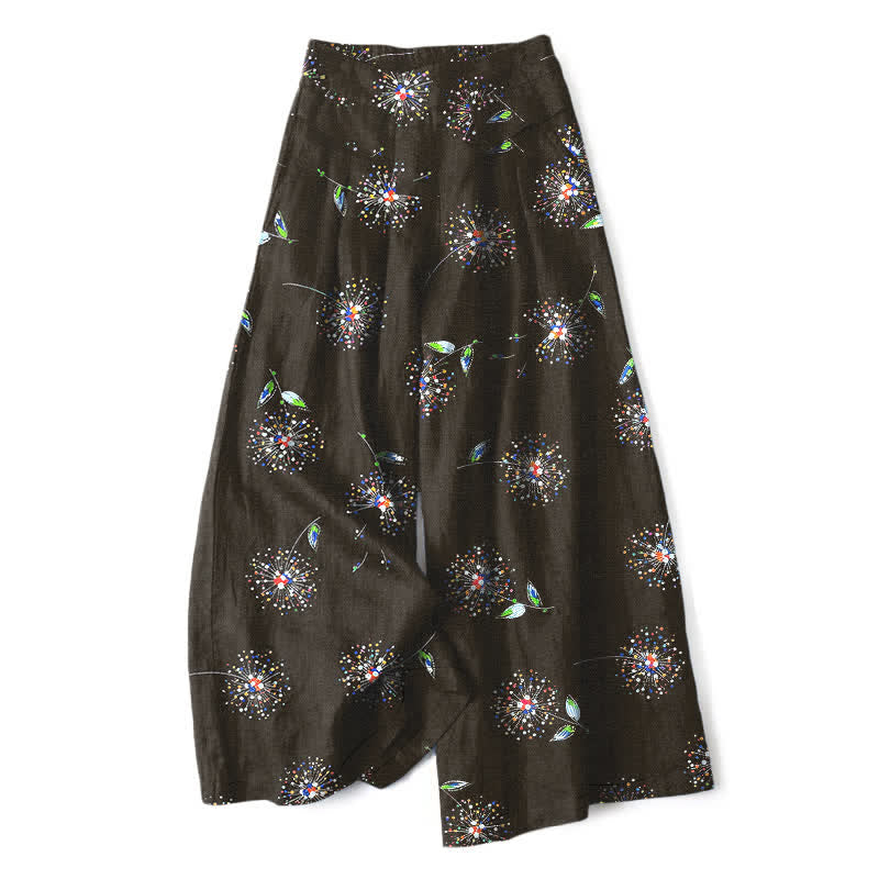 Nimara Ritual Cotton Linen Colorful Dandelion Floral Pattern Women's Elastic Waist Wide Leg Pants With Pockets