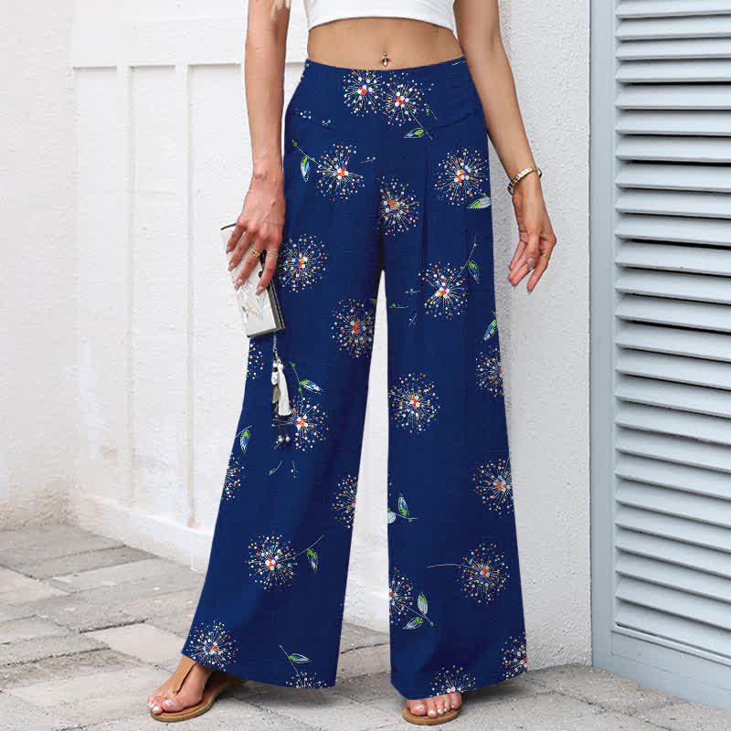 Nimara Ritual Cotton Linen Colorful Dandelion Floral Pattern Women's Elastic Waist Wide Leg Pants With Pockets