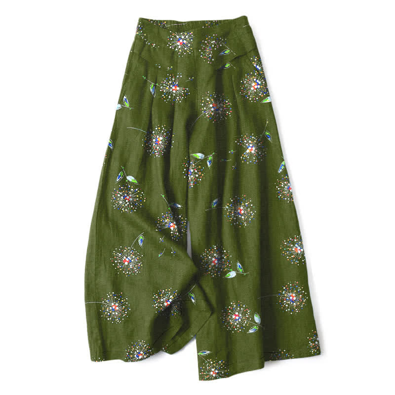 Nimara Ritual Cotton Linen Colorful Dandelion Floral Pattern Women's Elastic Waist Wide Leg Pants With Pockets