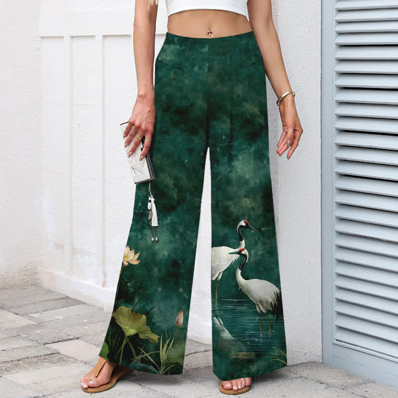 Nimara Ritual Cotton Linen Crane Lotus Pattern Women's Elastic Waist Wide Leg Pants With Pockets