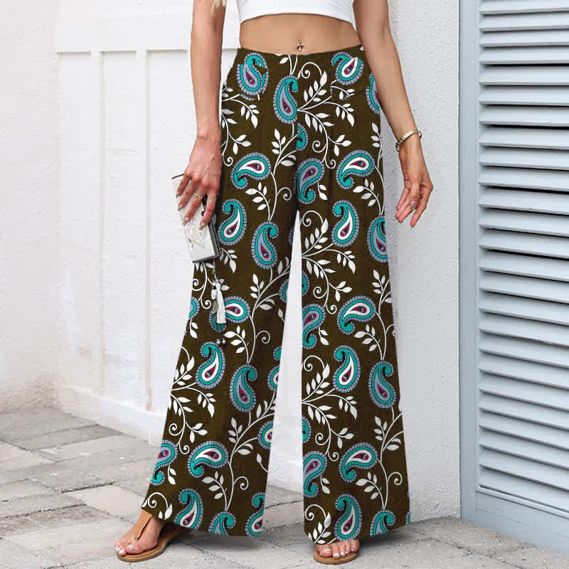 Nimara Ritual Cotton Linen Bohemian Paisley Pattern Women's Elastic Waist Wide Leg Pants With Pockets
