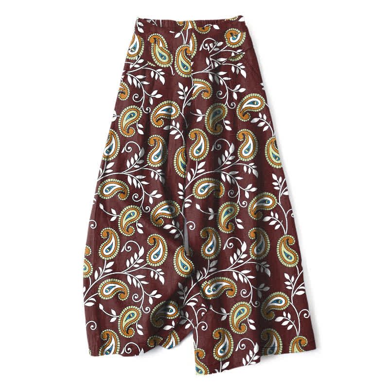 Nimara Ritual Cotton Linen Bohemian Paisley Pattern Women's Elastic Waist Wide Leg Pants With Pockets
