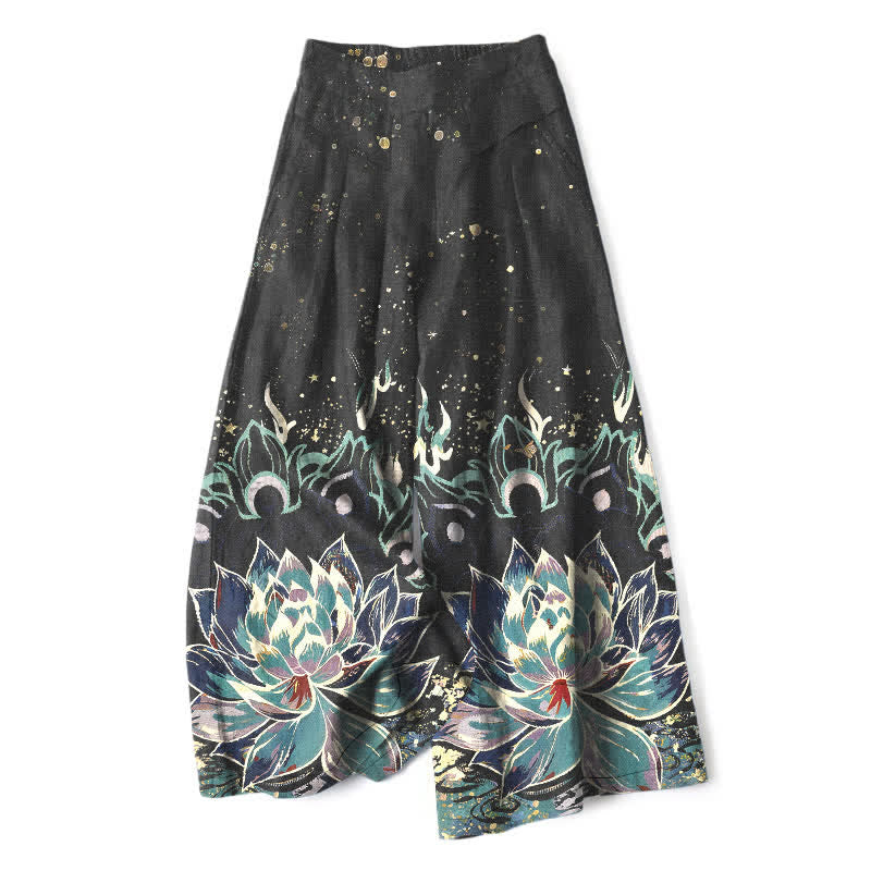 Nimara Ritual Cotton Linen Lotus Bloom Pattern Women's Elastic Waist Wide Leg Pants With Pockets