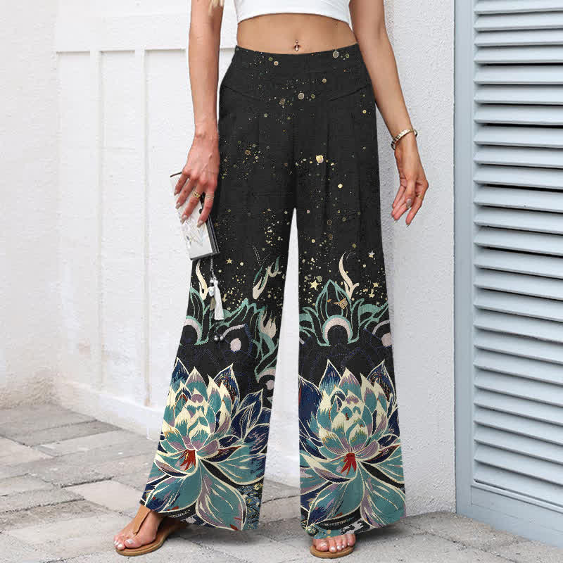 Nimara Ritual Cotton Linen Lotus Bloom Pattern Women's Elastic Waist Wide Leg Pants With Pockets