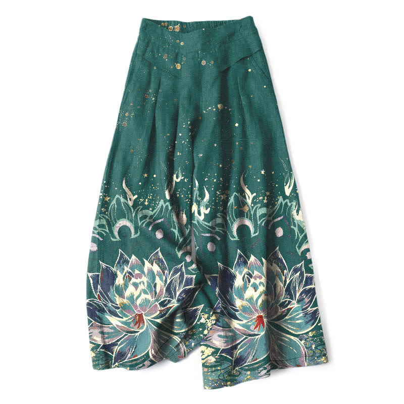 Nimara Ritual Cotton Linen Lotus Bloom Pattern Women's Elastic Waist Wide Leg Pants With Pockets