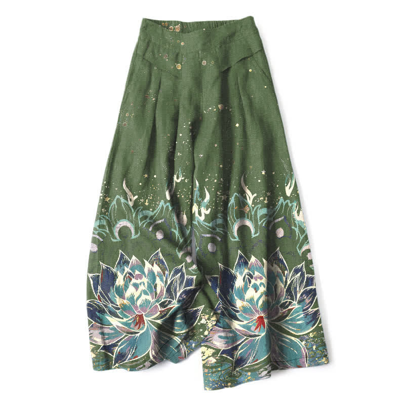 Nimara Ritual Cotton Linen Lotus Bloom Pattern Women's Elastic Waist Wide Leg Pants With Pockets
