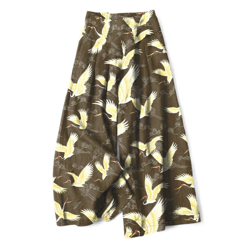 Nimara Ritual Cotton Linen Gold Crane Pattern Women's Elastic Waist Wide Leg Pants With Pockets