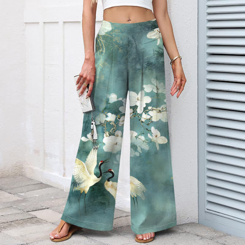 Nimara Ritual Cotton Linen Crane White Floral Pattern Women's Elastic Waist Wide Leg Pants With Pockets