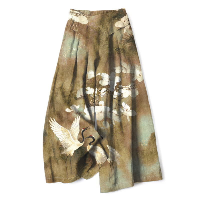 Nimara Ritual Cotton Linen Crane White Floral Pattern Women's Elastic Waist Wide Leg Pants With Pockets