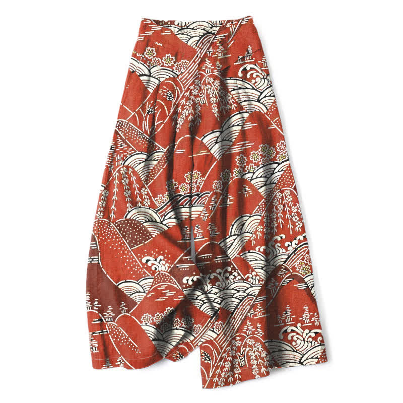 Nimara Ritual Cotton Linen Japanese Wave Pattern Women's Elastic Waist Wide Leg Pants With Pockets