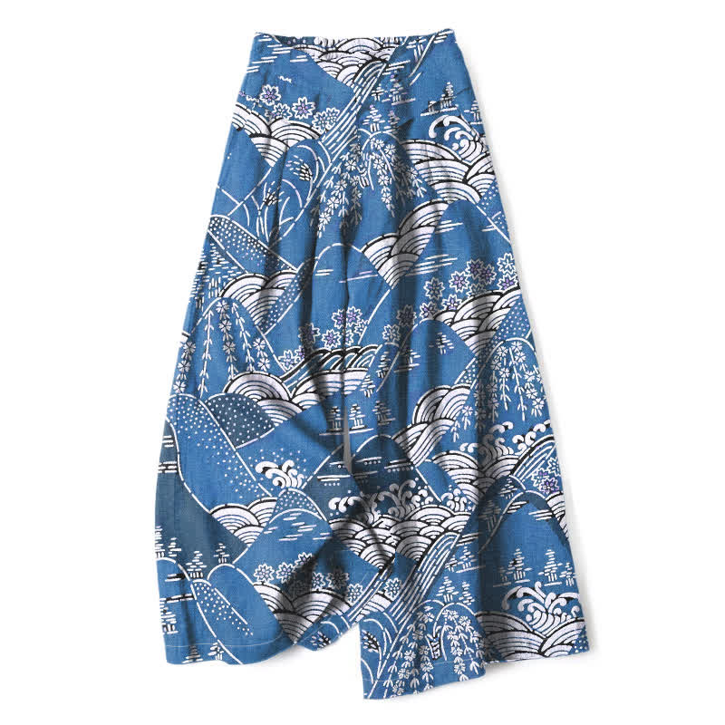 Nimara Ritual Cotton Linen Japanese Wave Pattern Women's Elastic Waist Wide Leg Pants With Pockets
