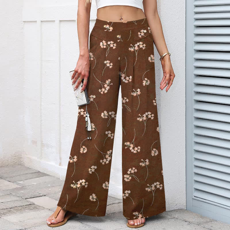 Nimara Ritual Cotton Linen Floral Bouquet Pattern Women's Elastic Waist Wide Leg Pants With Pockets